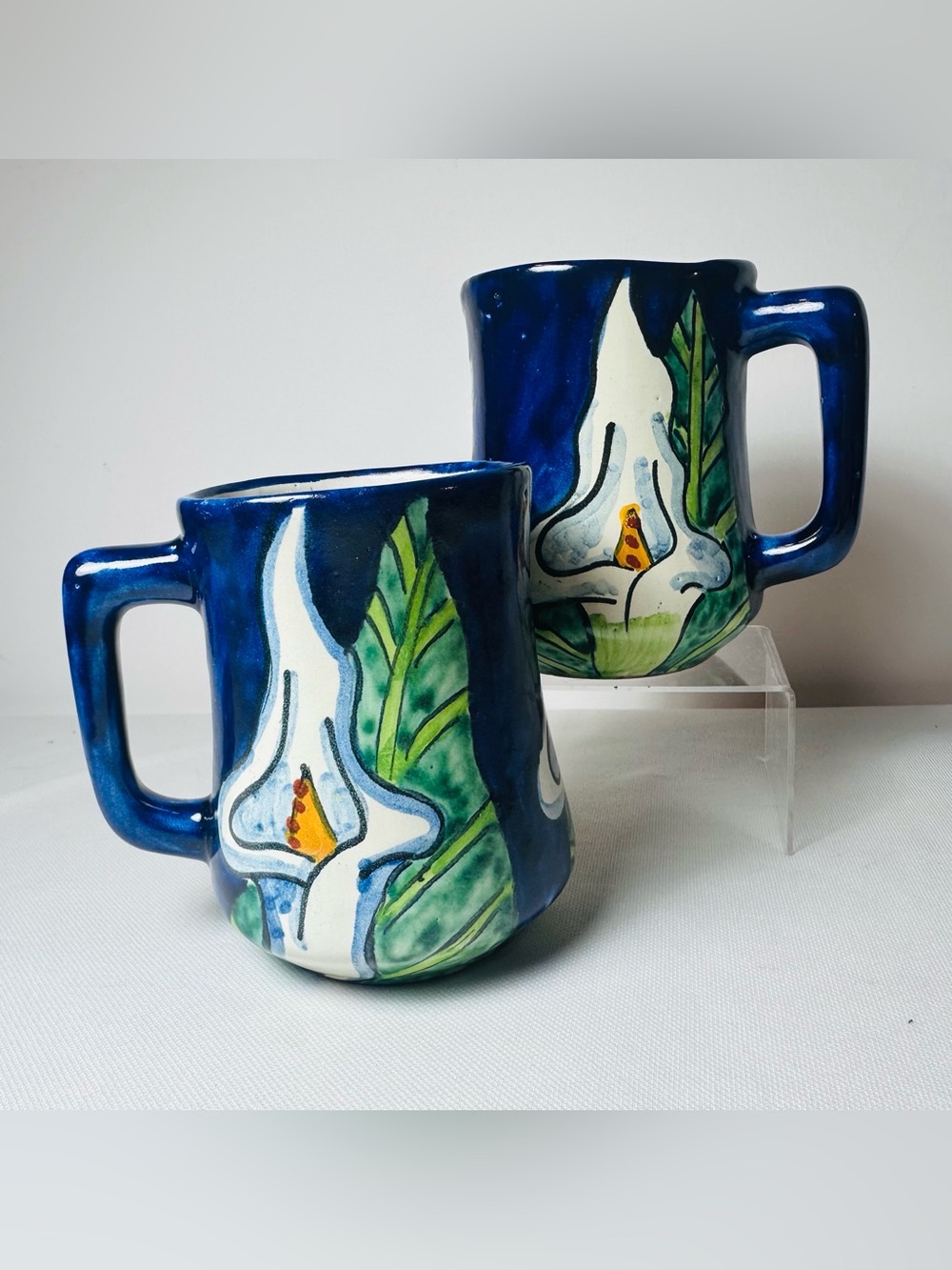 Vintage Hand-painted Mexican Talavera Mugs Featuring A Calla Lily Design
